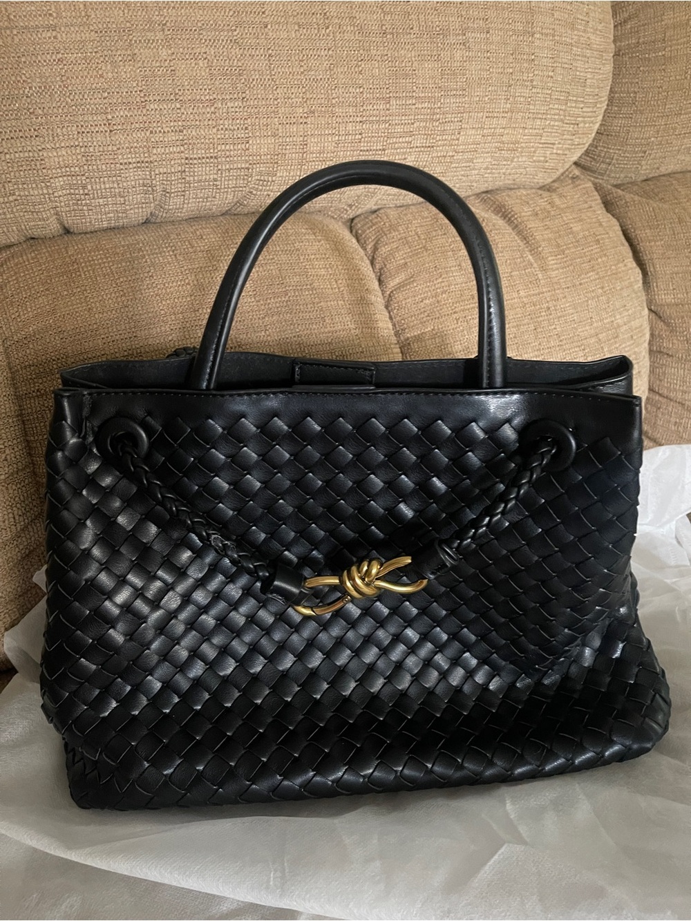 Black Woven Tote Bag with Gold Accent